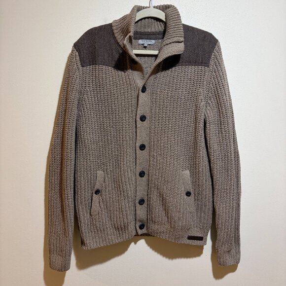 Ted Baker Princiz Herringbone Cardigan Sweater Brown Knit Mock Neck Elbow Patch - Picture 1 of 16